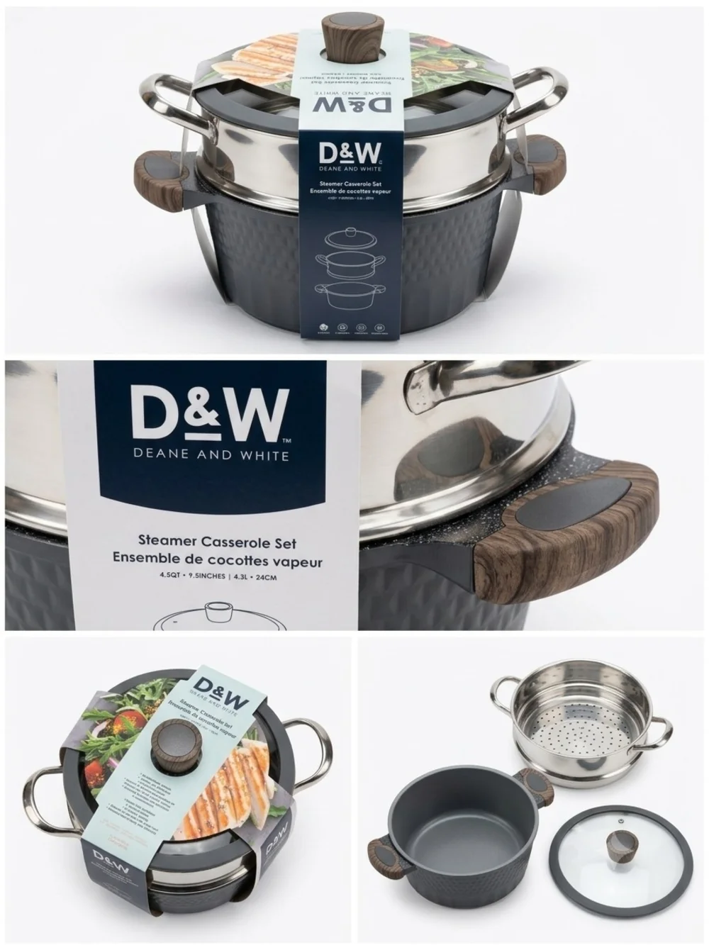 D&W Deane and White Steamer Casserole Set in Charcoal with Wood-Tone Accents